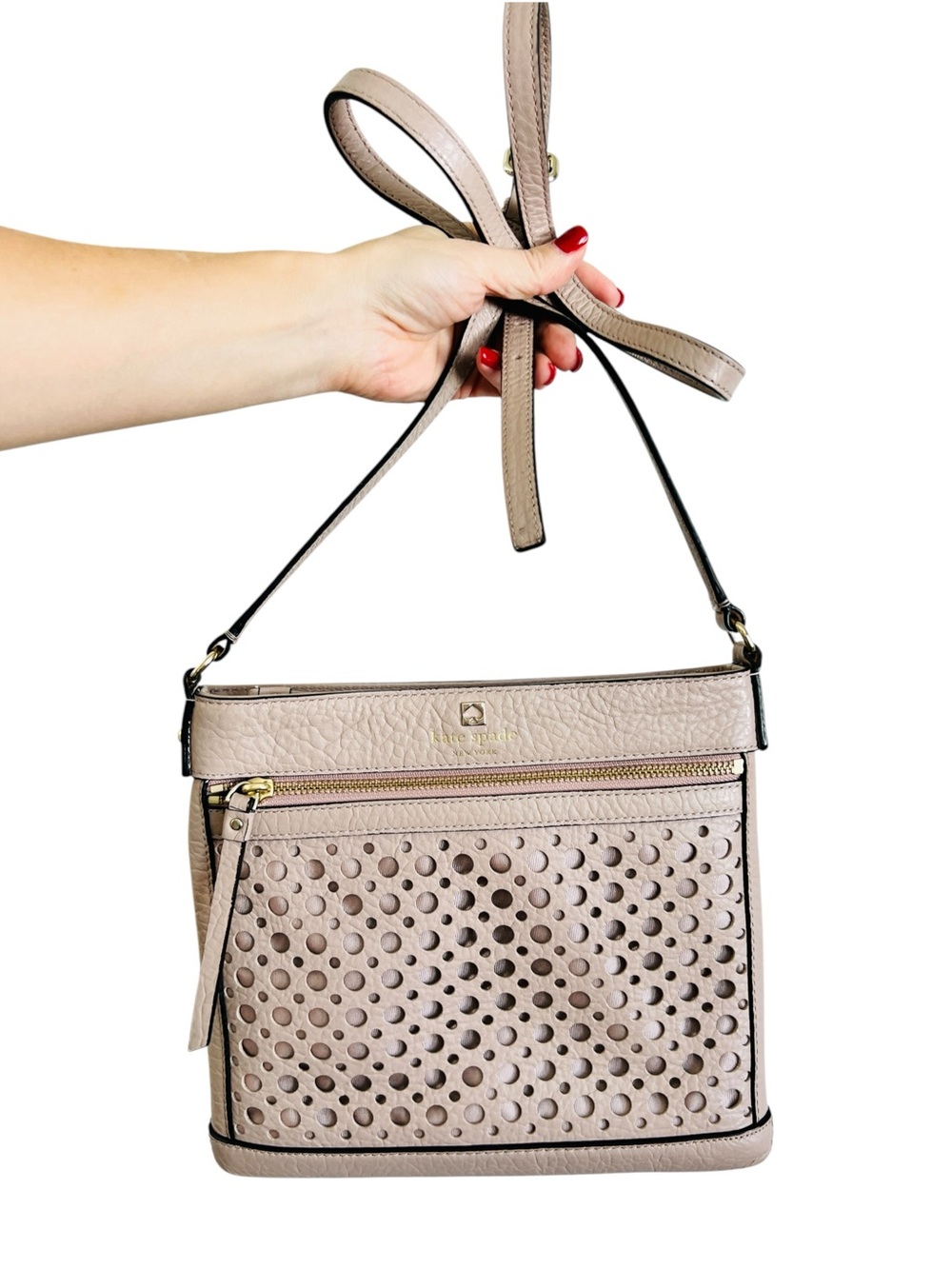 KATE SPADE Mauve Taupe Light Purple Perforated Leather Crossbody Gold Hardware